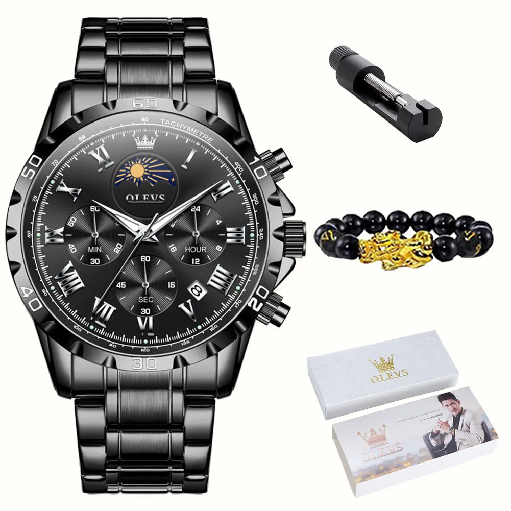 OLEVS 2950 Moon Phase Quartz Watch for Men Multi functional Roman Scale Original Hand Clock Chronograph Business Male Watches