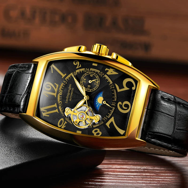 Tourbillon Fully Automatic Hollow Mechanical Watch Men's Large Dial Barrel-Shaped Student Business Watch Fashion Trendy K-Style, Back-Penetrating Movement, Curved Mirror High-End Men's Watch, European Popular Men's Gift Watch