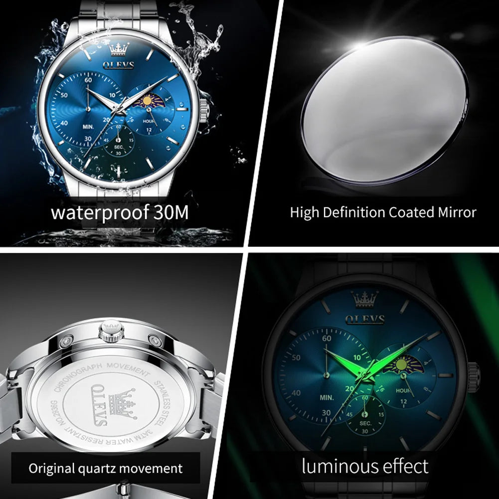 OLEVS Moon Phase Men's Watch Simple Casual Original Fashion Quartz Watch for Men Waterproof Luminous Stainleess Steel Wristwatch