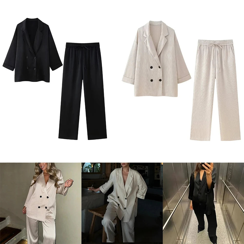 Women Autumn Wrinkle Double Breasted Blazer And Pants Suit Fashion Business Set