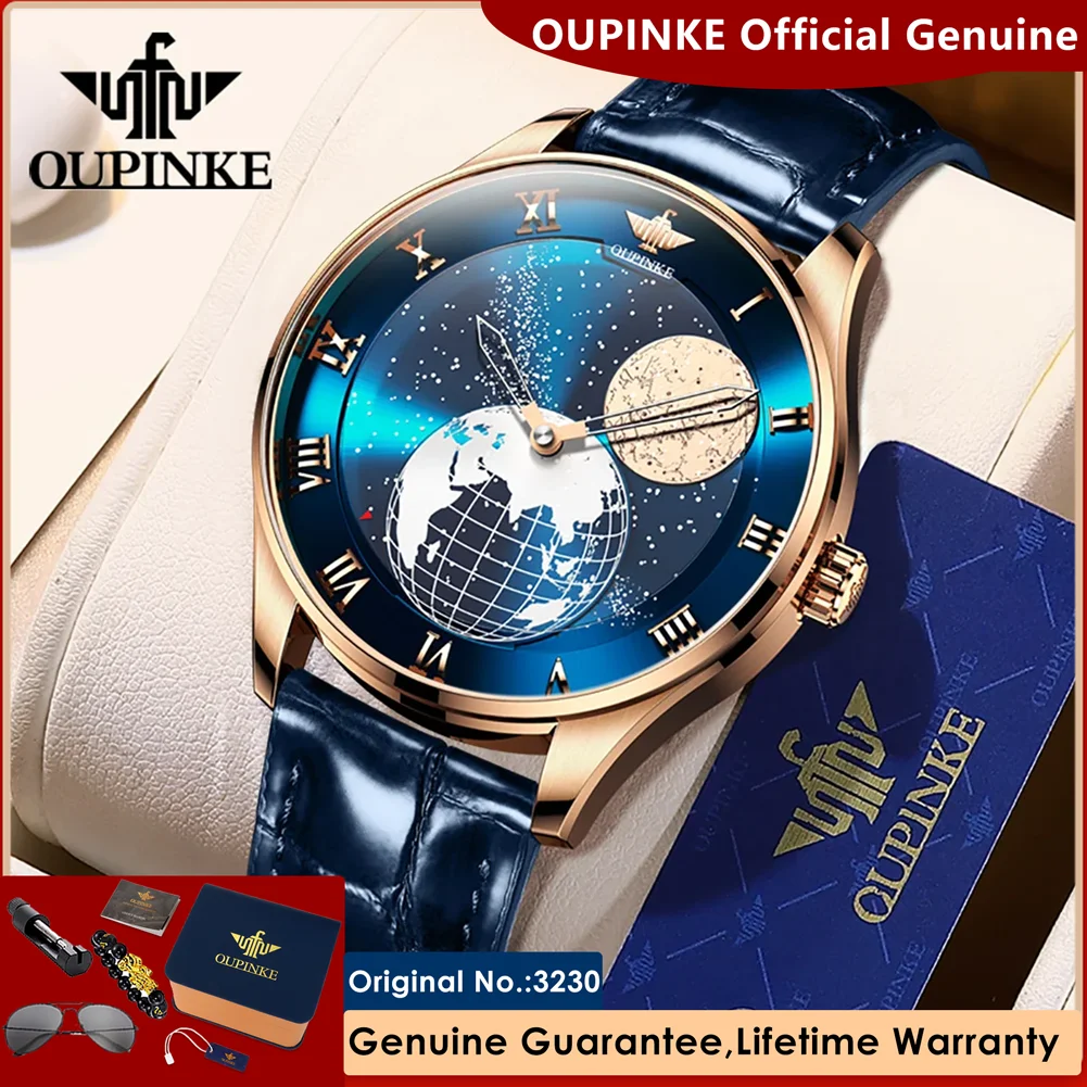 OUPINKE Moon Phase Watch for Men 3D Earth Starry Star Rotating Dial Automatic Mechanical Watches Luxury Brand Men's Moonswatch