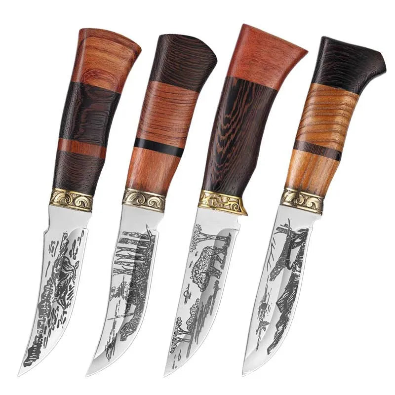 Kitchen Knife Set Beautifully Corroded Pattern Double Solid Wood Splice Copper Head Handle High Hardness Steel Carving Knife