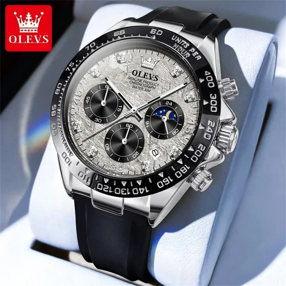 OLEVS Luxury Men's Watches Moon Phase Chronograph Man Watch Original Quartz Wrist Watch Waterproof Luminous Watch for Men Clock