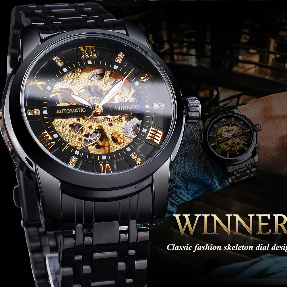 Winner Top Luxury Men Skeleton Automatic Mechanical Watch Fashion Rhinestone Luminous Stainless Steel Business Male Wristwatches