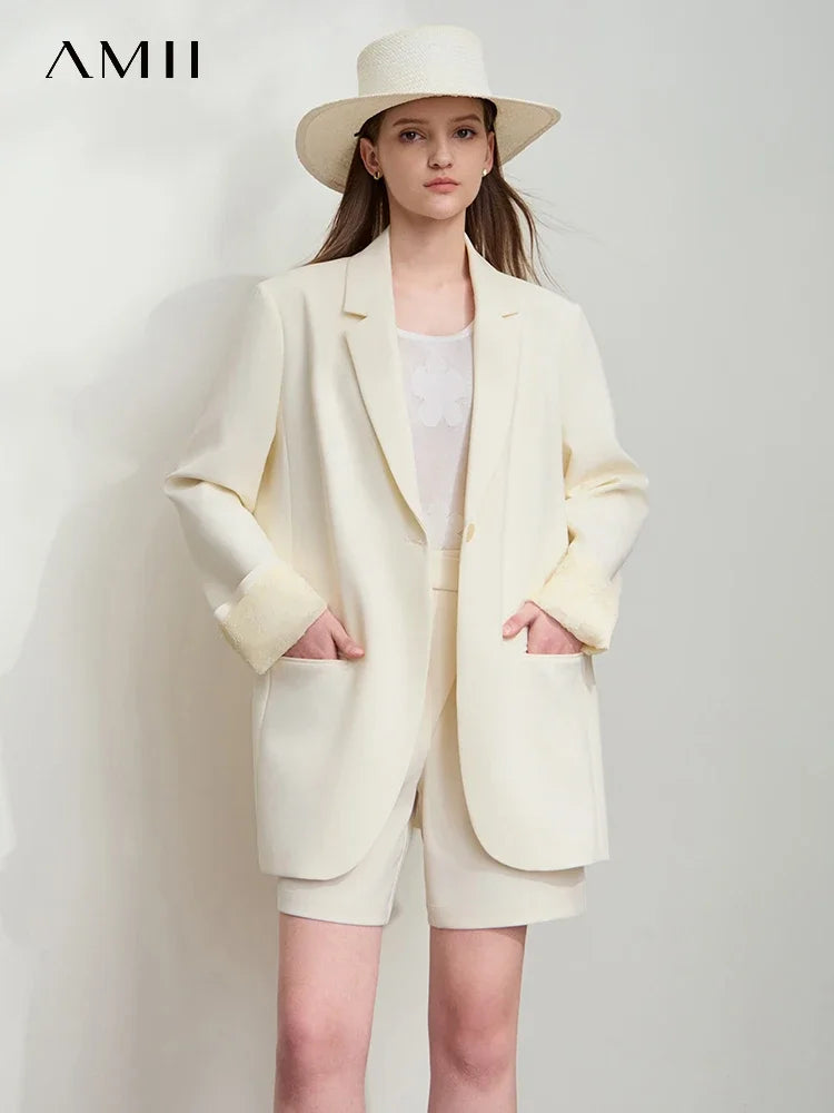 AMII Minimalist Women's Blazer Jacket Shorts 2025 Spring New Fashion Trun Down Collar Mid Length Jacket Basic Shorts 12541161
