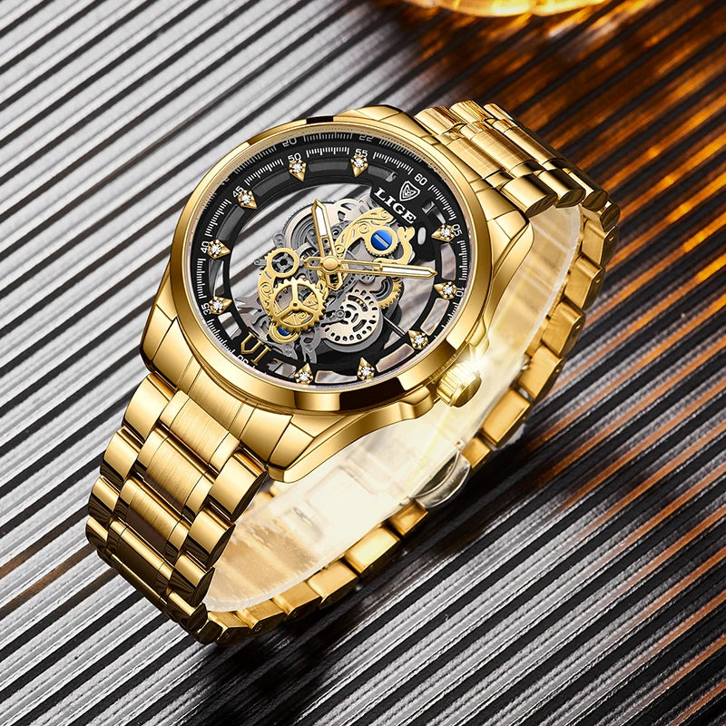 2024 LIGE Men Watch Skeleton Automatic Quartz Watch Gold Skeleton Vintage Man Watch Mens Watches Top Brand Luxury часы мужские