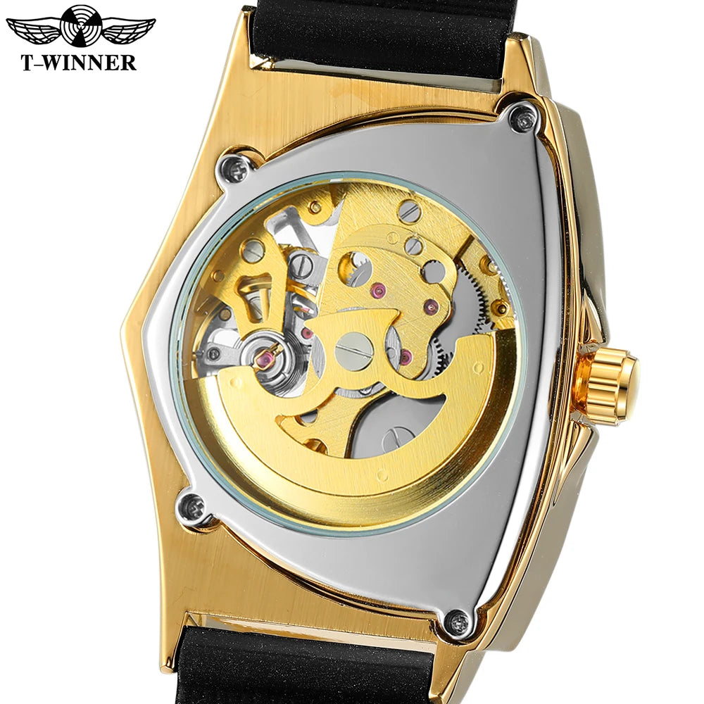 T-Winner High Range Men's Automatic Mechanica Watches Luminous Luxury Tourbillon Gold Wristwatch Rubber Strap Triangle Skeleton