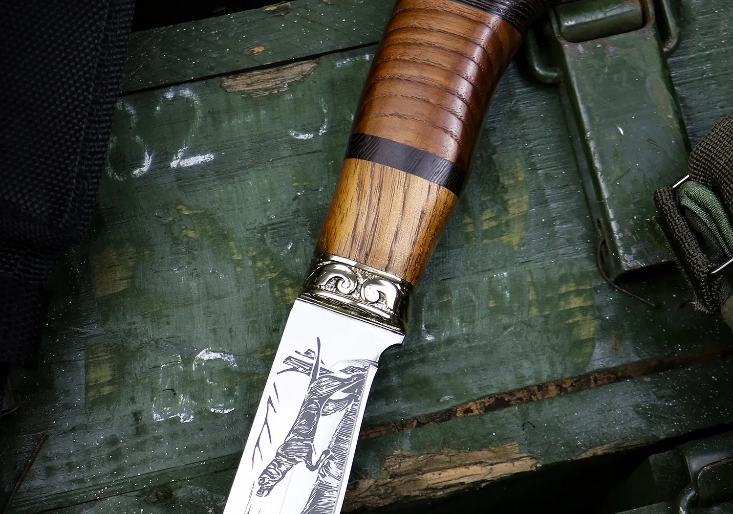 Kitchen Knife Set Beautifully Corroded Pattern Double Solid Wood Splice Copper Head Handle High Hardness Steel Carving Knife