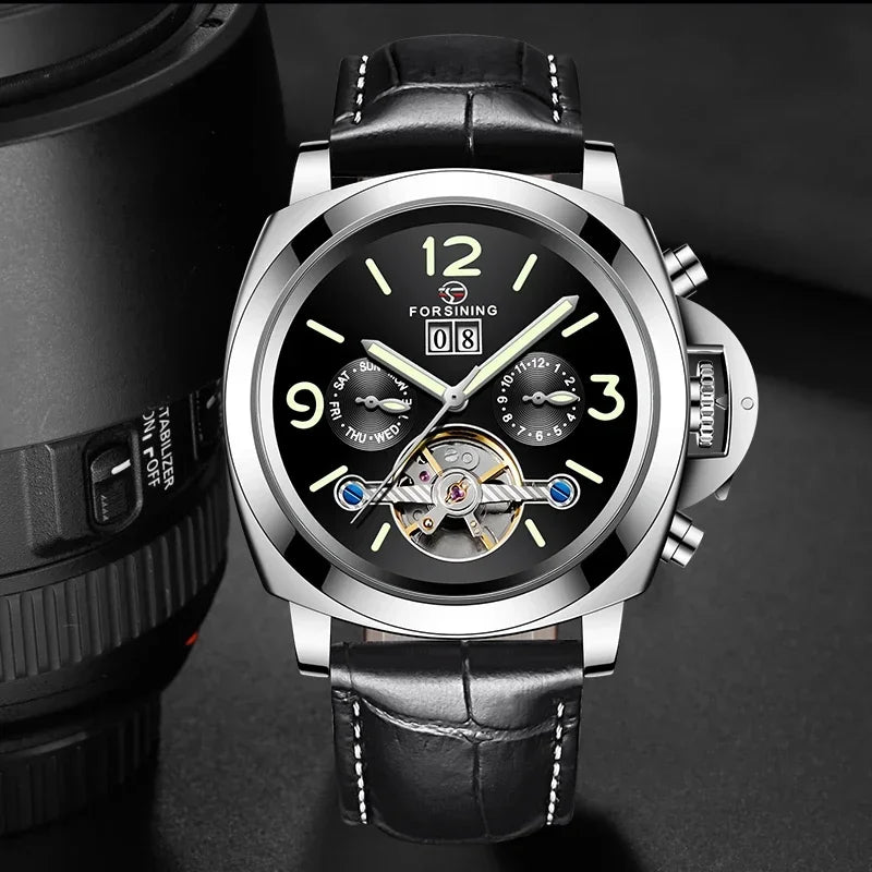 FORSINING Top Luxury Tourbillon Automatic Watch - Men's Mechanical Sport Luminous Retro Leather Wristwatch