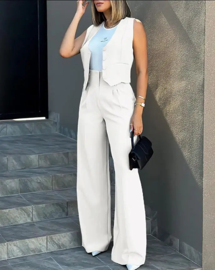 New 2025 Women's Summer Casual 2PCS Pants Sets Solid Vest +Pants Sets Elegant High Waist Wide Leg Outfits Women Matching Sets