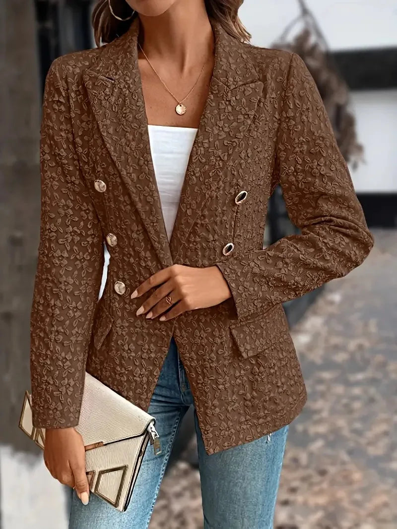 Women Fashion Blue  Blazer Jacket 2024 New Office Lady Double Breasted Pockets Vintage Female Coat 