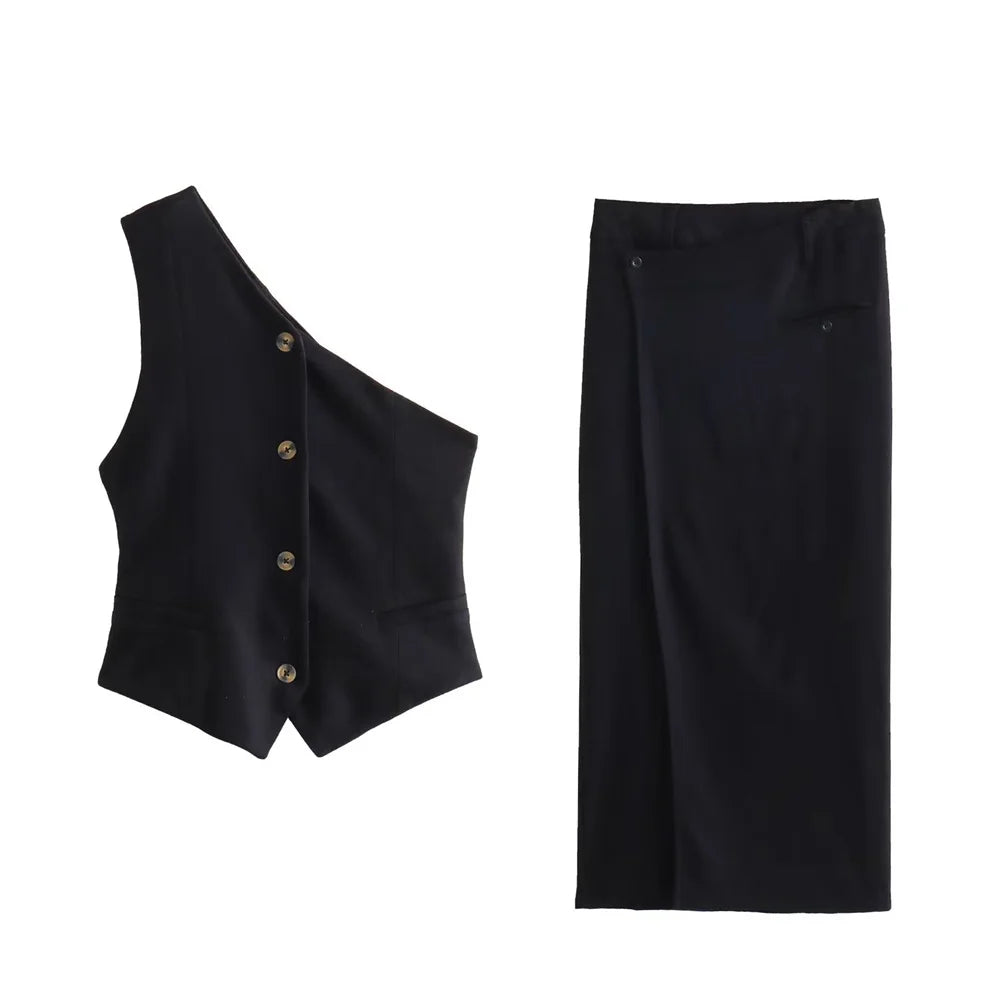 UNIZERA 2023 Autumn/Winter New Product Women's New Fashion Style Asymmetric Tank Top Slim Fit Wrap Hip Half Skirt Set