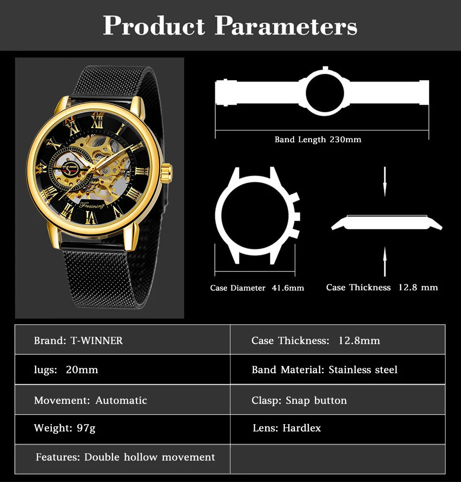 Classic Skeleton Mechanical Watch - Engraved Case with Mesh Strap & Roman Numerals