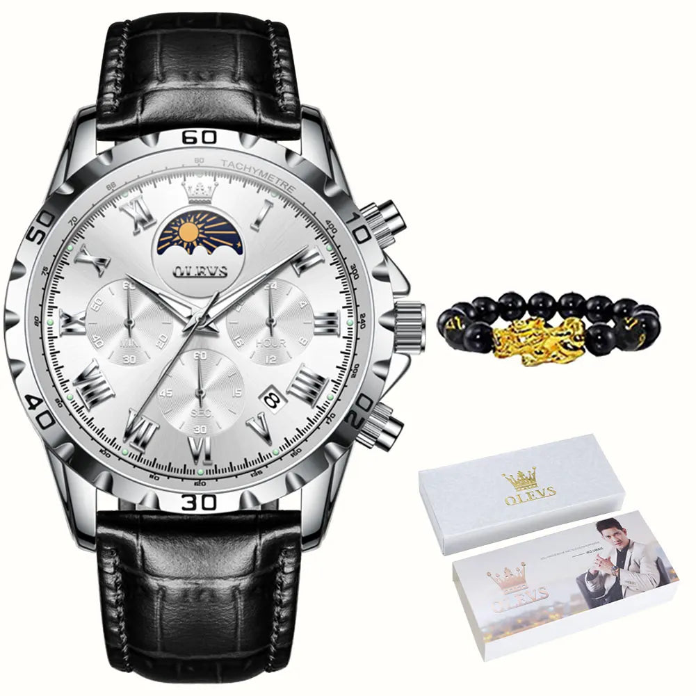 OLEVS 2950 Moon Phase Quartz Watch for Men Multi functional Roman Scale Original Hand Clock Chronograph Business Male Watches