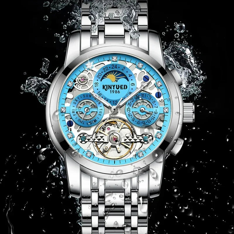 Tourbillon Automatic Watch for Men Diamond Moon Phase Mechanical Mens Watches Waterproof Silver Gold Stainless Steel Wristwatch