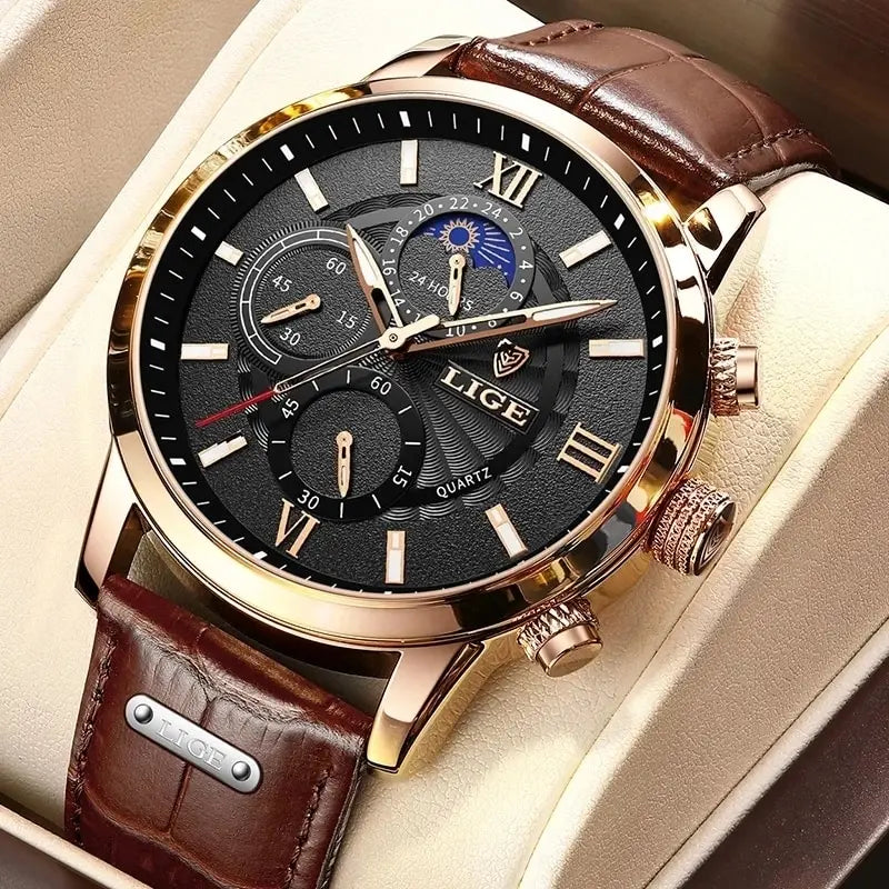 LIGE Cognac Classic 2024 - Premium Brown Leather Sport-Casual Watch