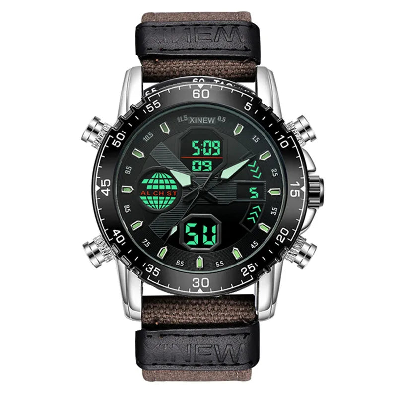 1pc / lot XINEW Brand Dual Time Watches For Men Fashion Casual Nylon Band Sports Military Digital Watch Black Montre Homme 2025