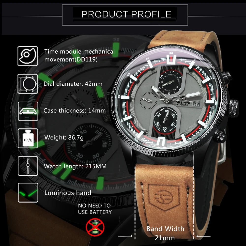 Forsining Men's Sports Mechanical Watch - Automatic Luminous Military Leather