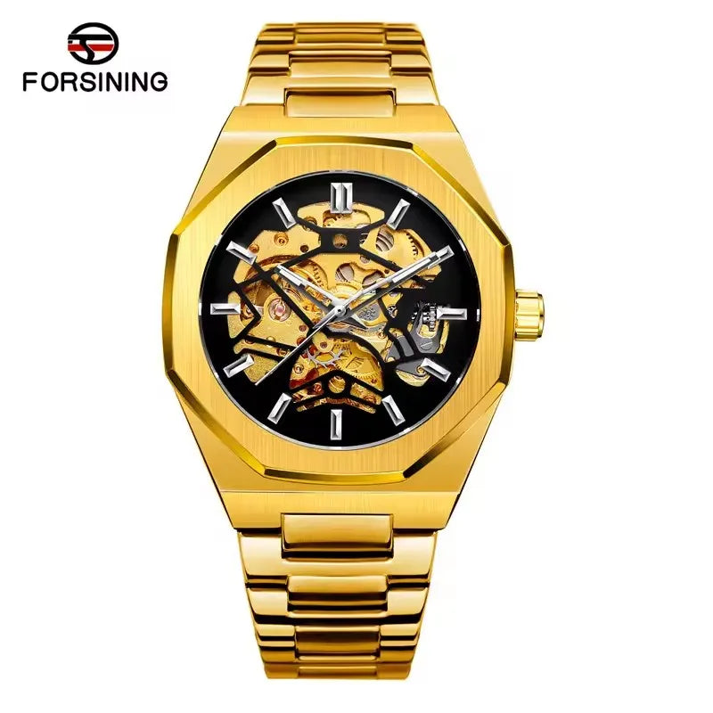 FORSINING 344D Men's Luxury Mechanical Watch - Fashion Skeleton Hollow Dial Steel Strap Business Luminous