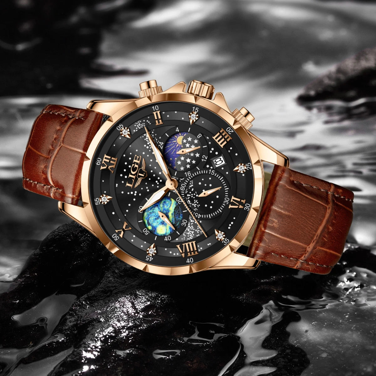 LIGE Chrono Master - Luxury Leather Waterproof Date Chronograph
