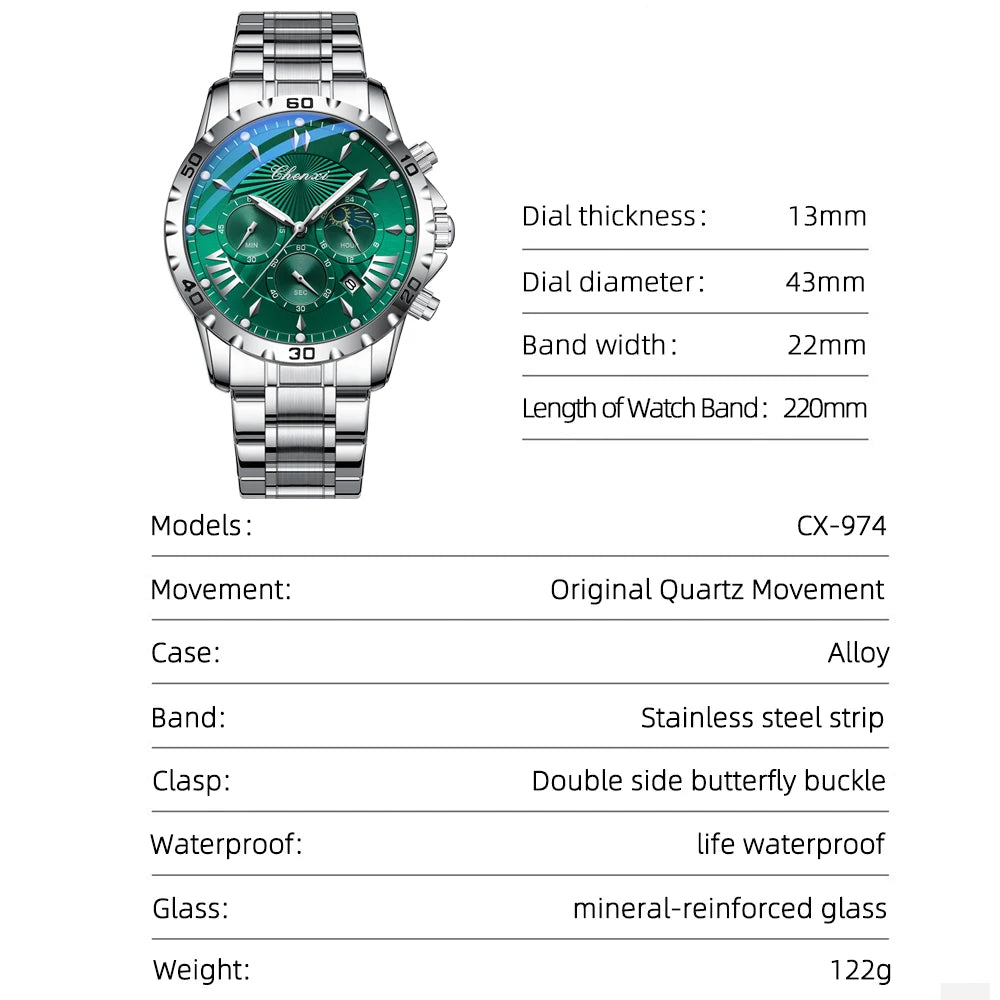 Multi-Function Chronograph Watch - Luminous Waterproof Steel Strap Quartz