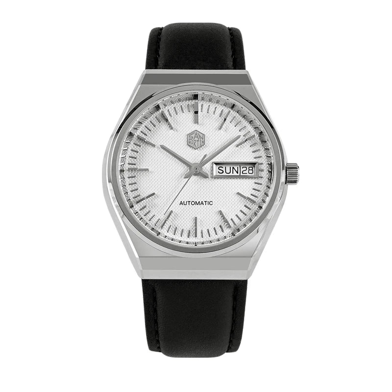 San Martin Men Dress Watch 37mm Luxury Fashion ST2100 Automatic Mechanical Sports Business Sapphire Grid Dial Date & Day Window