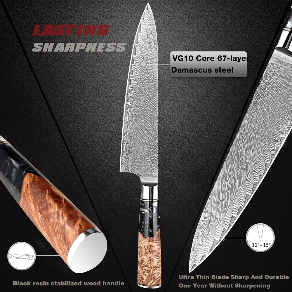 Damascus Steel Kitchen Knives 1-9PC Set XITUO Japanese chef knife Cleaver Bread Knife Resin and wooden Ergonomics handle Sharp