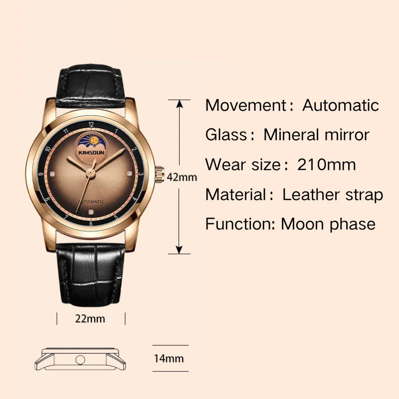 Men's Fully Automatic Mechanical Watch Moon Phase Series 42mm Dial with Moon Phase Function Sun God Style Leather Strap