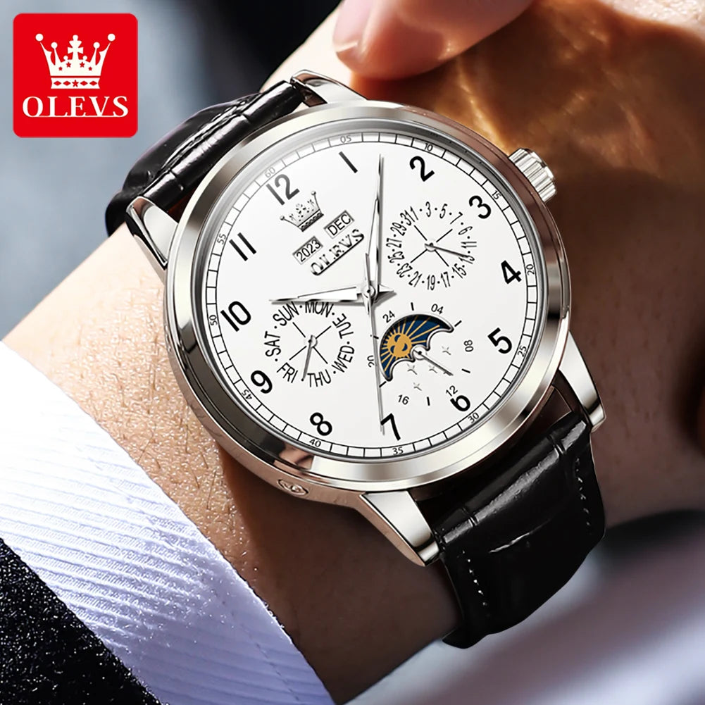 OLEVS 6698 Mens Watch Luxury Dress Brand Moon Phase Automatic Mechanical Watch For Men Leather  Waterproof Dual Calendar Watch