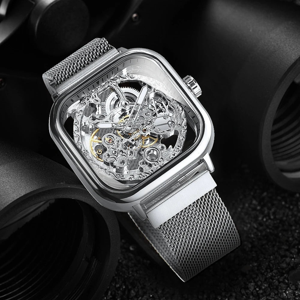 Forsining Square Skeleton Automatic Watch - Luxury Mesh Steel Strap Men's Timepiece