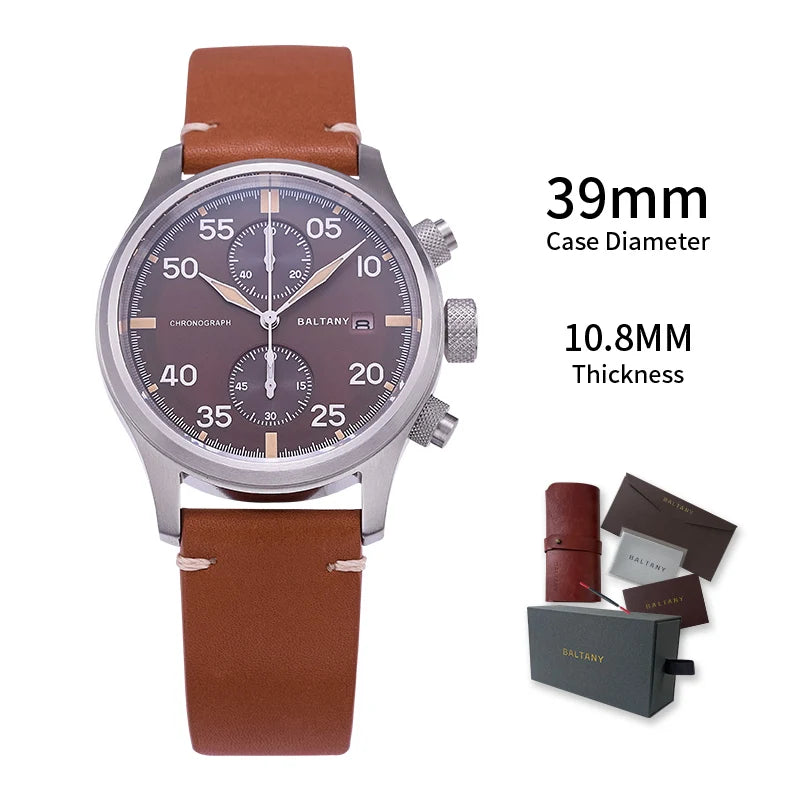 Baltany Solar Watch For Men S6070 10ATM Vintage Luminous Sapphire Crystal AR Coating Military Quartz Pilot Watches Chronograph