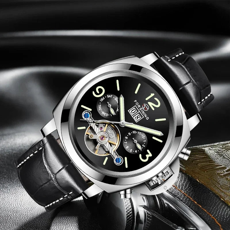 FORSINING Top Luxury Tourbillon Automatic Watch - Men's Mechanical Sport Luminous Retro Leather Wristwatch