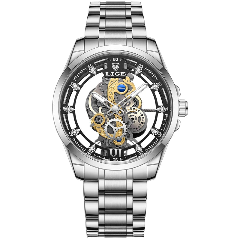 2024 LIGE Men Watch Skeleton Automatic Quartz Watch Gold Skeleton Vintage Man Watch Mens Watches Top Brand Luxury часы мужские