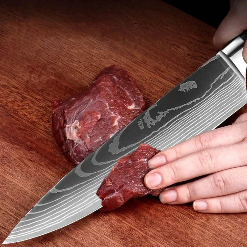 3PCS Kitchen Knife Set Laser Damascus Santoku Knife Utility Knife Professional Chef Knife Meat Cleaver Kitchen Accessories