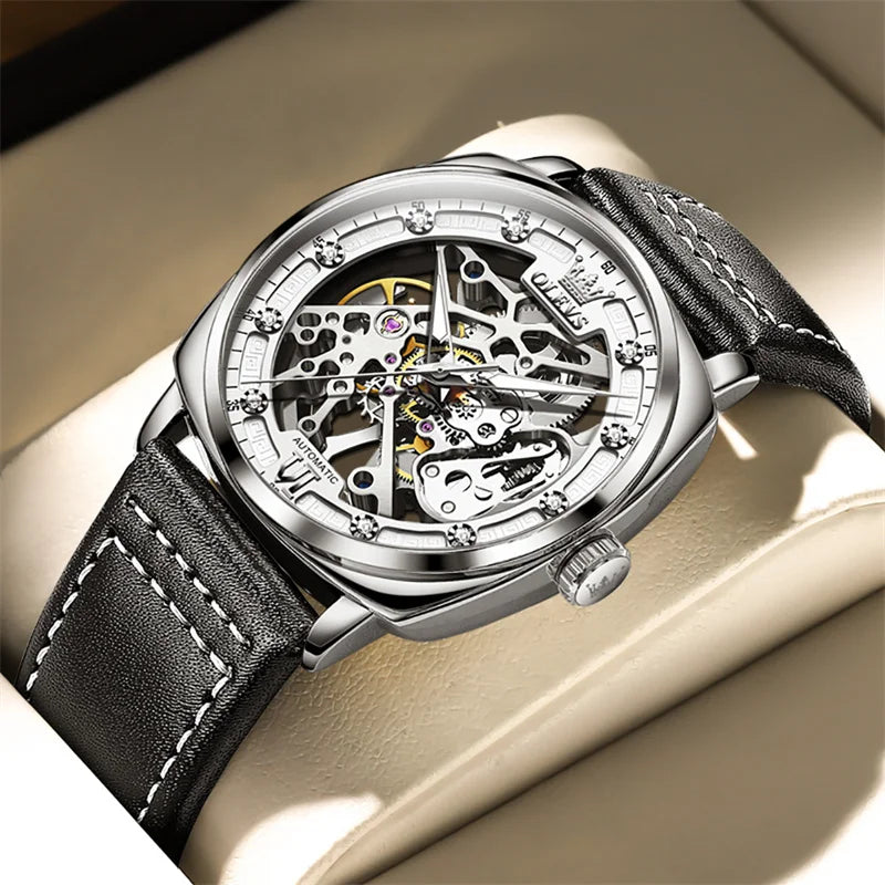 OLEVS Luxury Men Watches Automatic Mechanical Wristwatch Skeleton Design Waterproof Leather Strap Male Watch Reloj Hombre