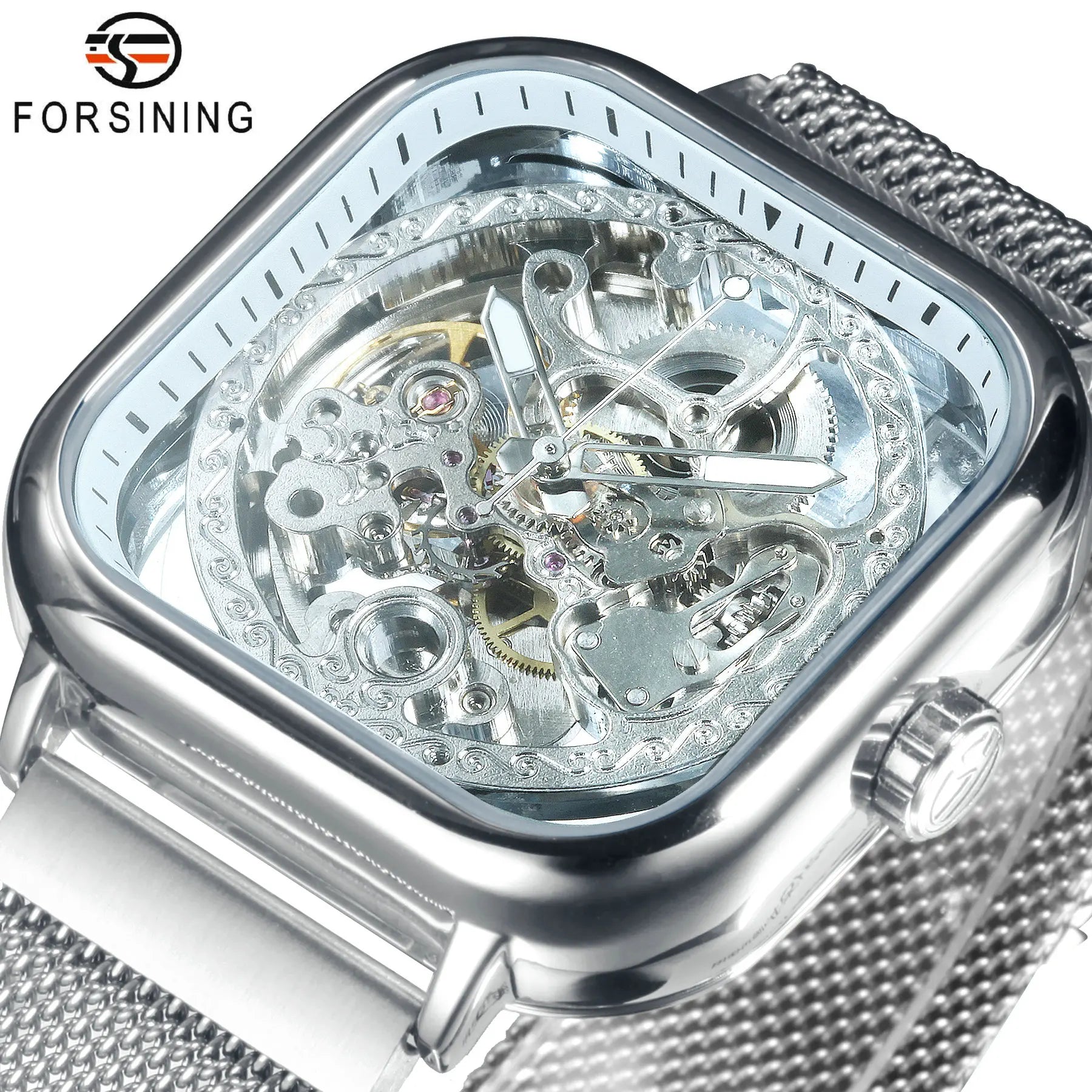 Forsining Square Skeleton Automatic Watch - Luxury Mesh Steel Strap Men's Timepiece
