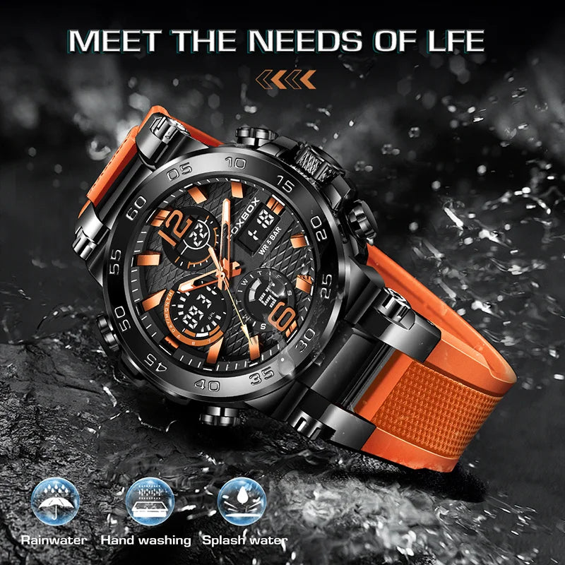 FOXBOX Fashion Mens Watch Dual Display Military Sports Man Watch Digital LED Luminous Calendar Waterproof Quartz Watches For Men