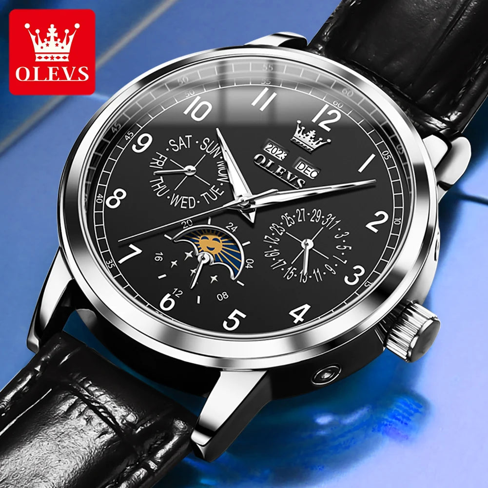 OLEVS 6698 Mens Watch Moon Phase Mechanical Watch for Men Number 42mm Big Dial Leather Hand Clock Waterproof Automatic Man Watch