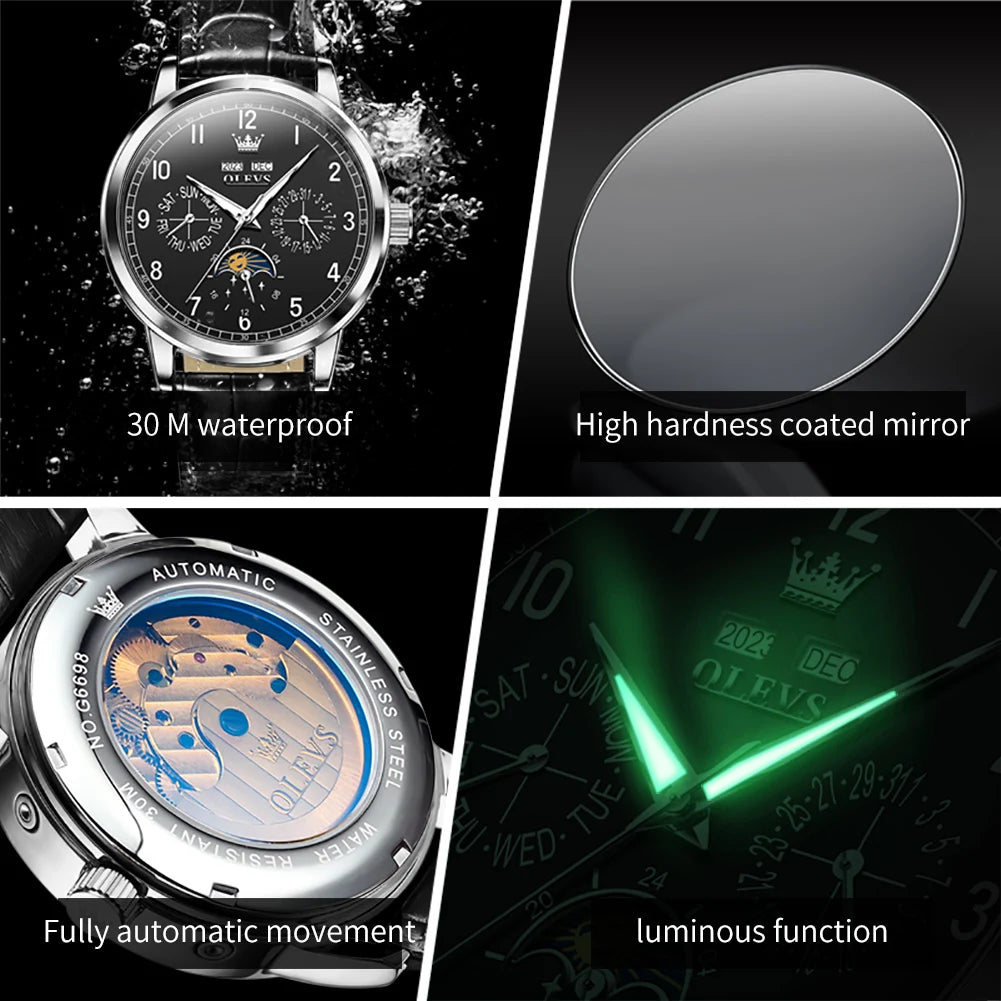 OLEVS 6698 Mens Watch Moon Phase Mechanical Watch for Men Number 42mm Big Dial Leather Hand Clock Waterproof Automatic Man Watch