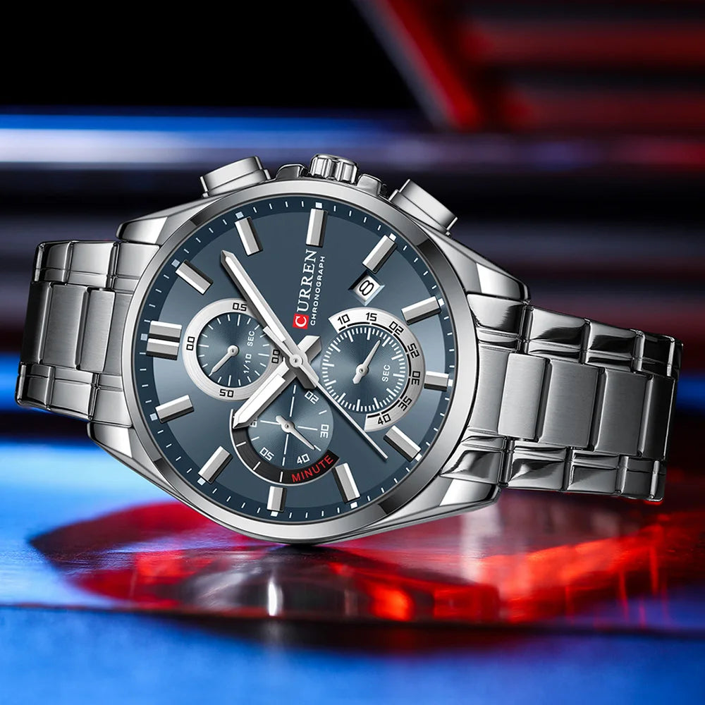 CURREN Men's Luxury Chronograph Watch - Moon Phase Waterproof Stainless Steel