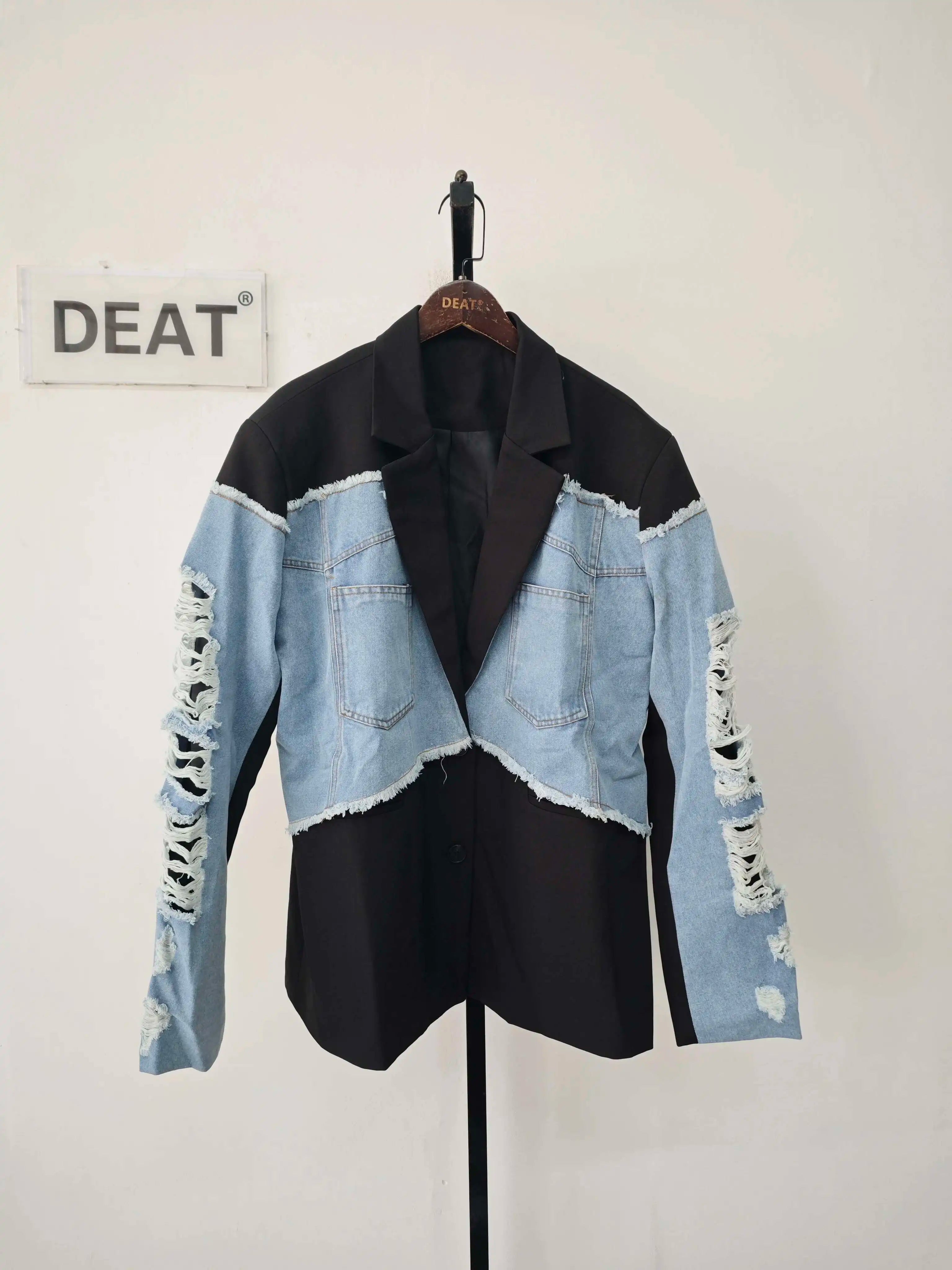 DEAT Women's Blazer Notched Collar Patchwork Burrs Edge Denim Broken Holes Loose Suit Jackets 2025 Summer New Fashion LM0107