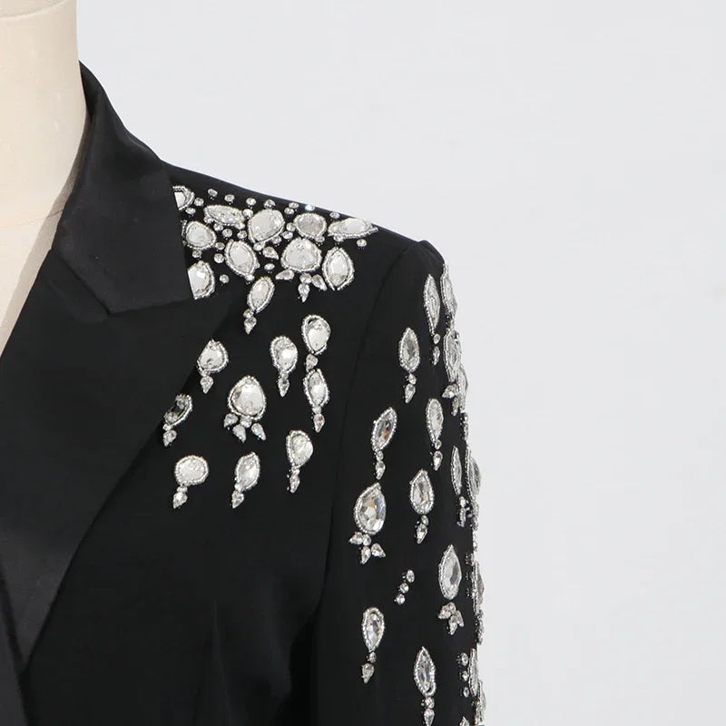 VGH Streetwear Spliceed Diamonds Slim Blazers for Women Notched Collar Long Sleeve Patchwork Button Temperament Coat Female New
