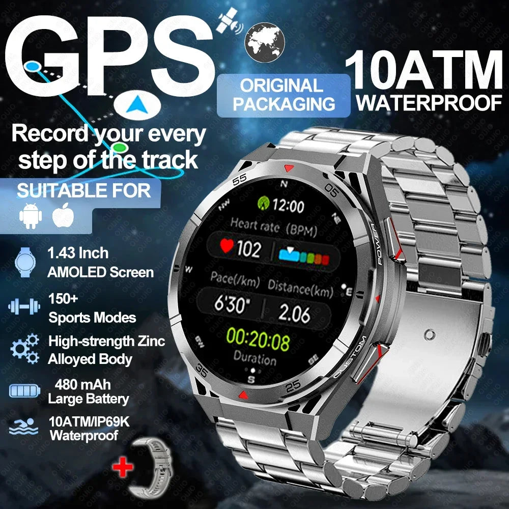 2025 New GPS Dual-Band satellite SmartWatch Men 1.43'' AMOLED Screen Compass Heart Rate BT Call IP69 10ATM Waterproof SmartWatch