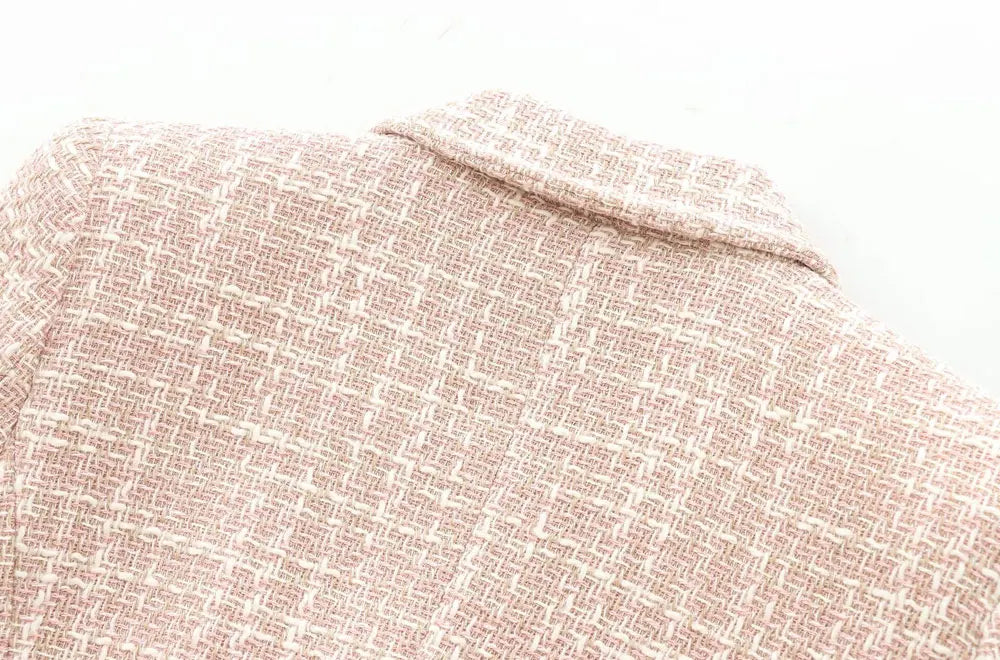 TRZA-Double Breasted Tweed Blazer for Women, Long Sleeve Coat, Flap Pockets, Female Outerwear, Chic Tops, Fashion