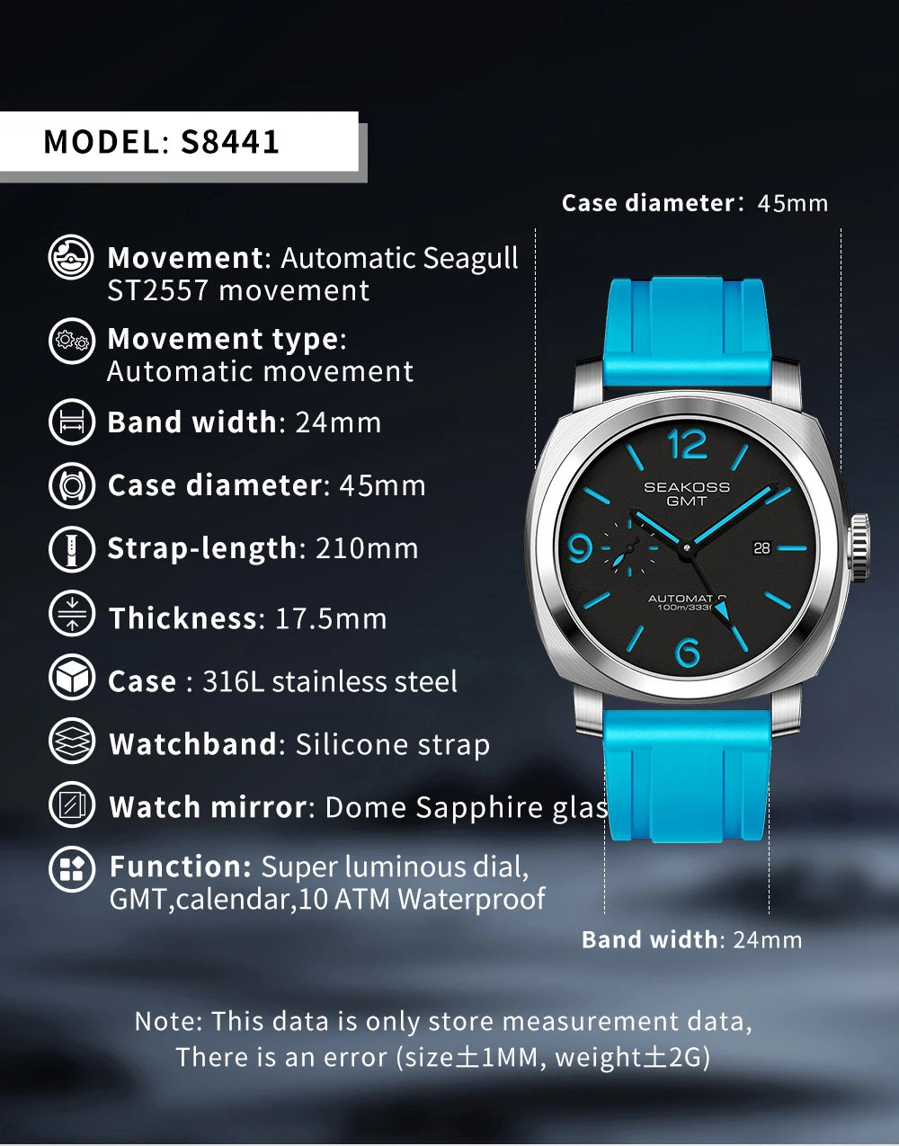 SEAKOSS GMT Super Luminous Diving Automatic Mechanical Watch Men 10ATM 1963 Original 2557 Movement Calendar Sapphire Wristwatch