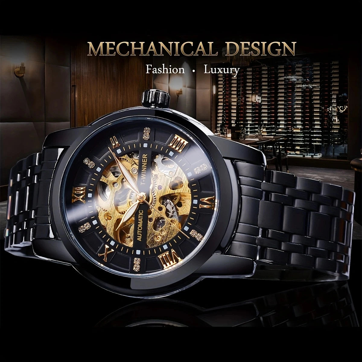 Winner Top Luxury Men Skeleton Automatic Mechanical Watch Fashion Rhinestone Luminous Stainless Steel Business Male Wristwatches
