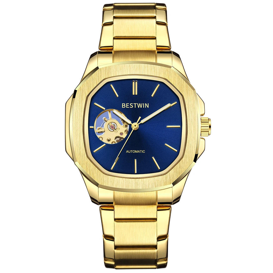 Skeleton Hollow Men Automatic Mechanical Watch Steampunk Sliver Blue Full Steel Waterproof Wrist Watches Male Mechanism Clock