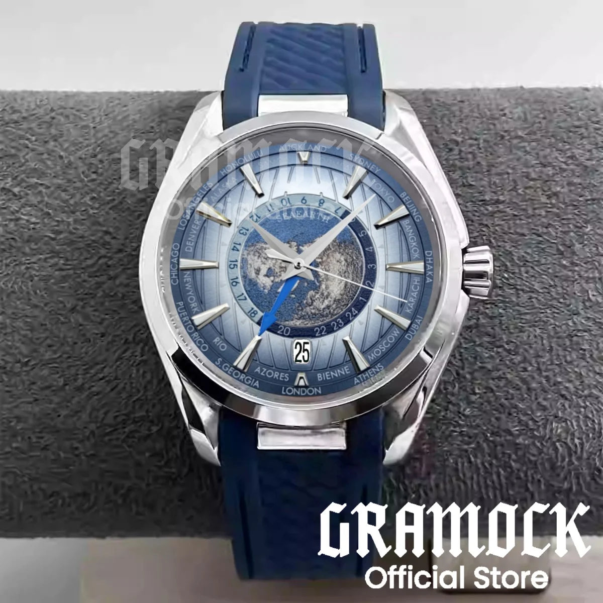 Gramock 40mm World Time GMT Zone Map Men's 6 o'clock Date Automatic Watch NH34A Mechanical Diving Wristwatch Steel/Rubber Strap