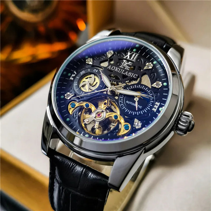 Tourbillon Skeleton Mens Watches Top Brand Luxury Moon Phase 24 Hours Display Iced Out Automatic Mechanical Watch Leather Strap
