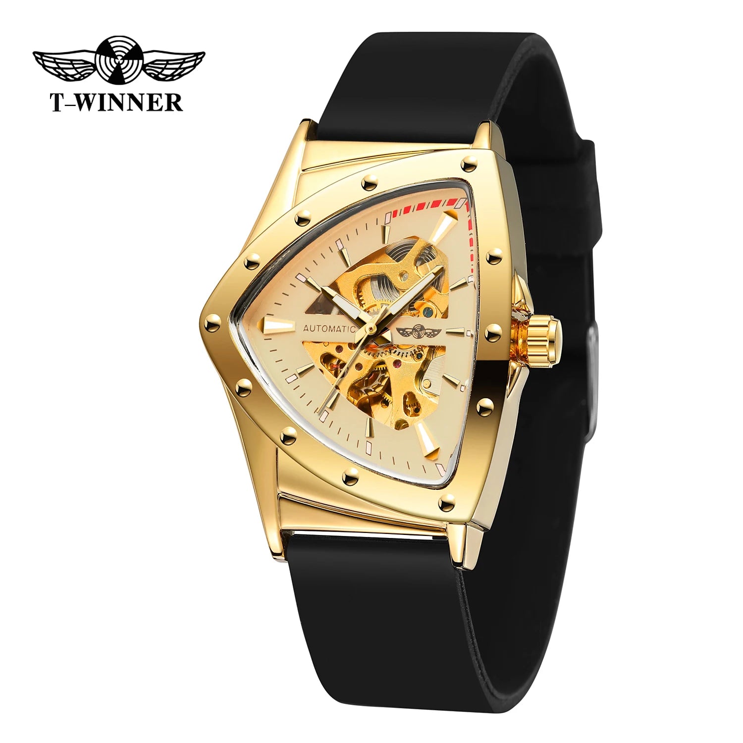 T-Winner High Range Men's Automatic Mechanica Watches Luminous Luxury Tourbillon Gold Wristwatch Rubber Strap Triangle Skeleton